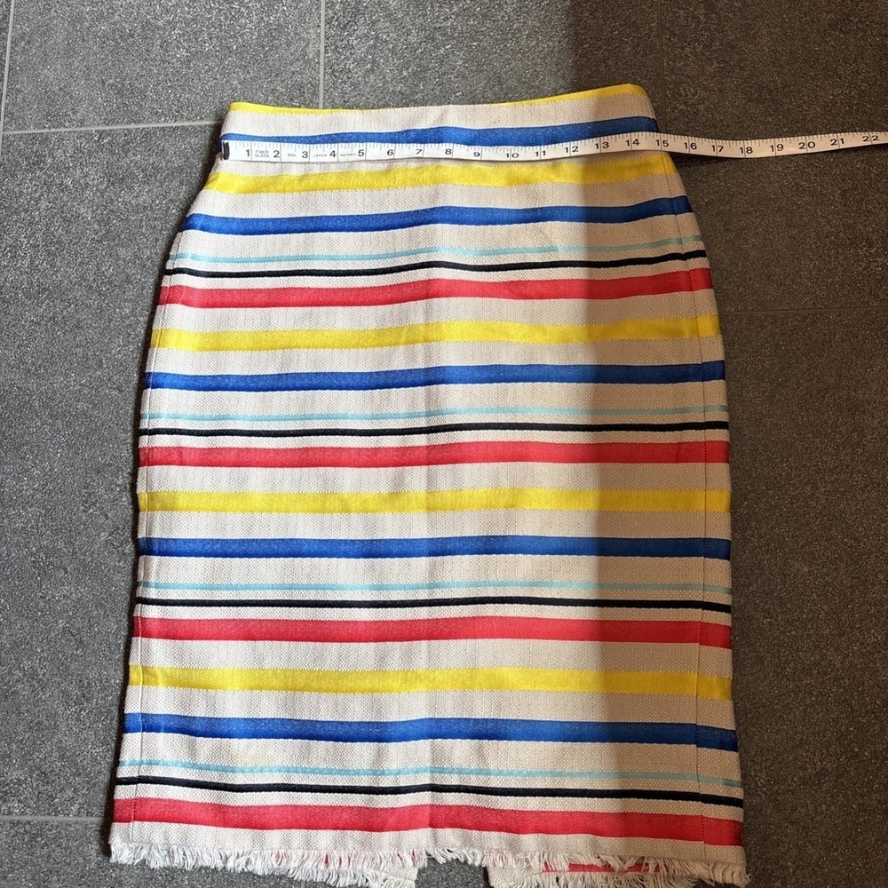 J. Crew Women's Striped Pencil Skirt 6 Cotton Blend Blue Yellow White Fringe